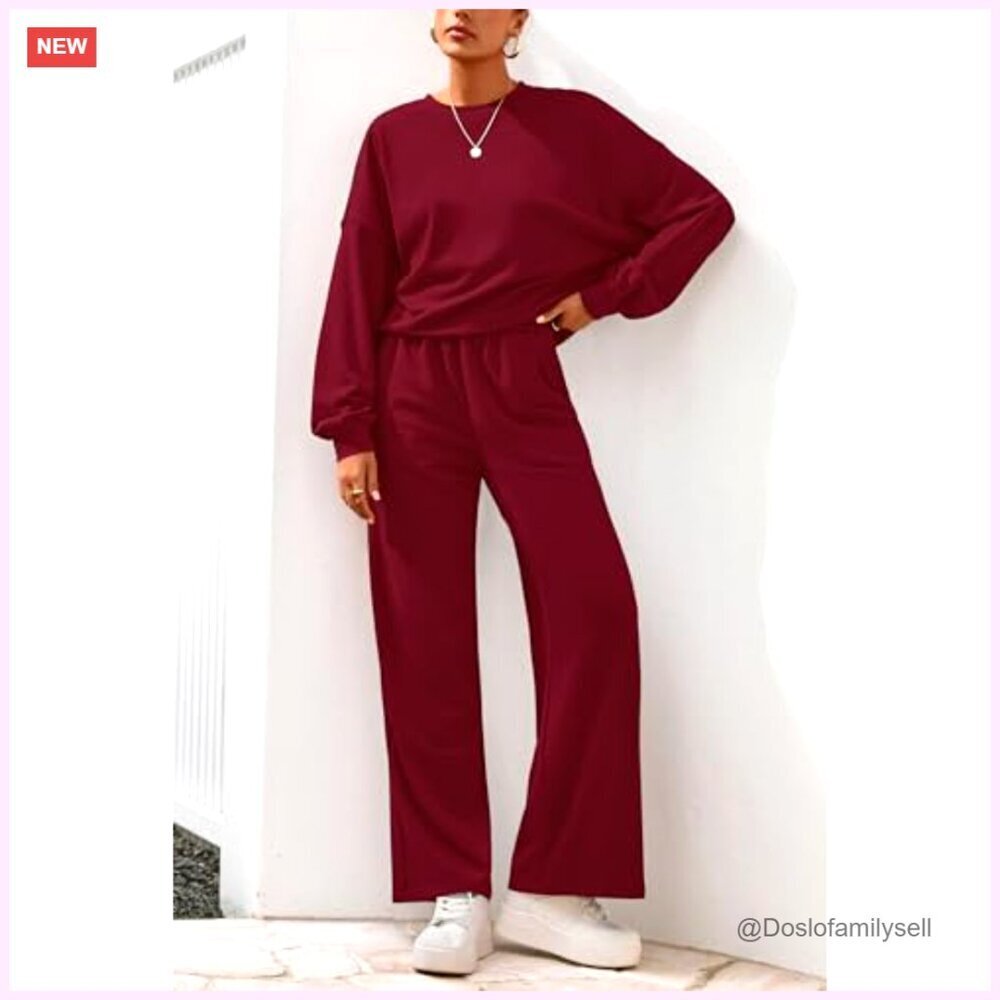 Women's 2-Piece Sweatsuit Set, Crewneck Sweatshirt & Wide Leg Sweatpants, Loose - Picture 6 of 7